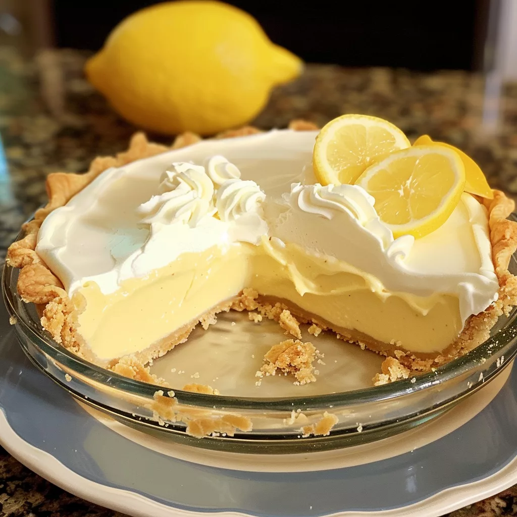 A vibrant slice of lemon cream pie with a golden graham cracker crust, topped with whipped cream and a lemon slice