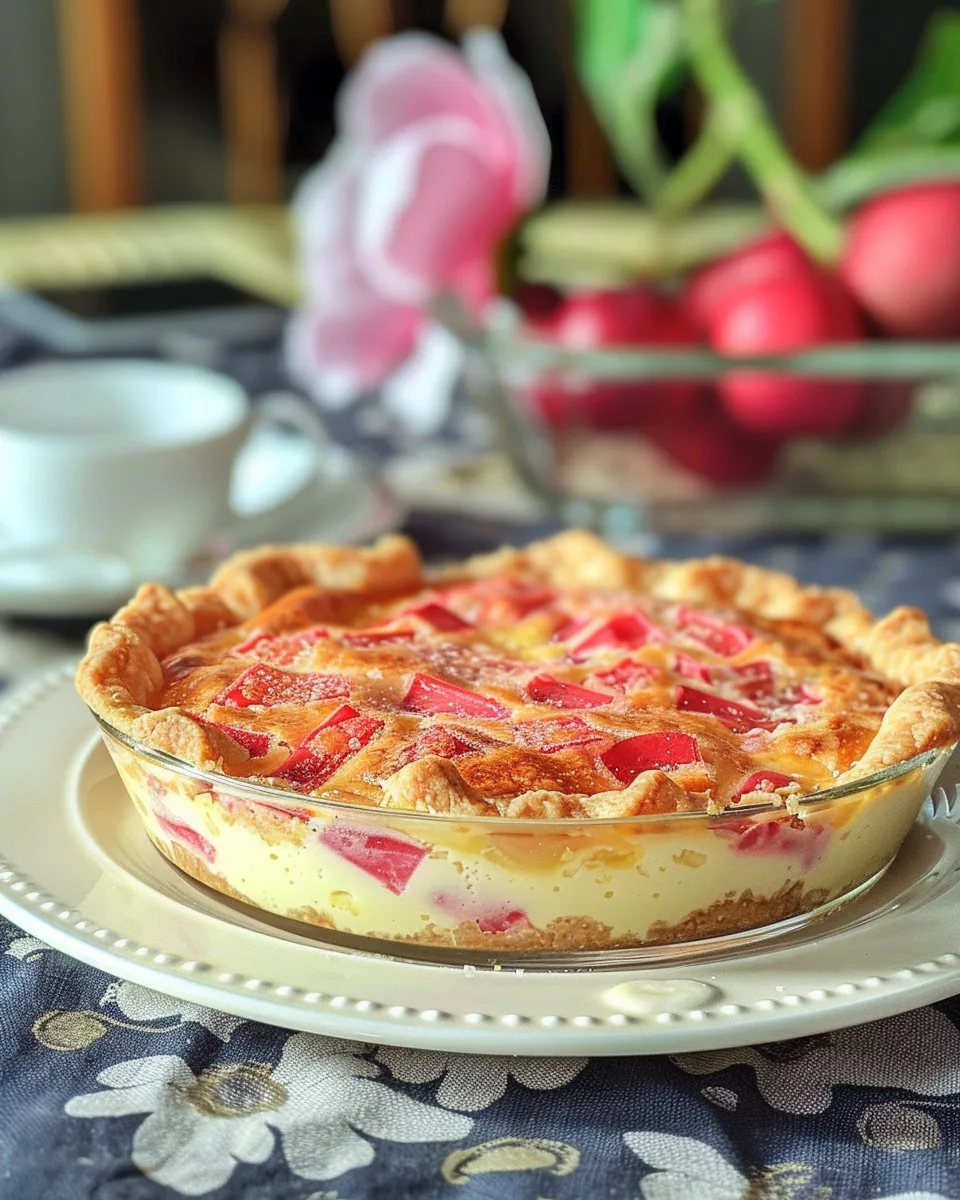 Crustless Rhubarb Custard Pie with vibrant ruby-colored rhubarb slices and golden custard